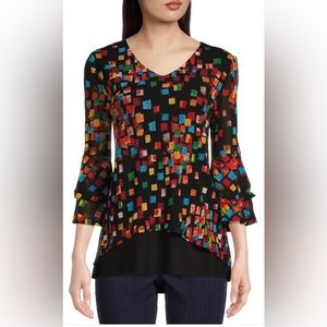 NWT Calessa Abstract Geometric Print Stretch Mesh Jewel Neck Tunic Sz S